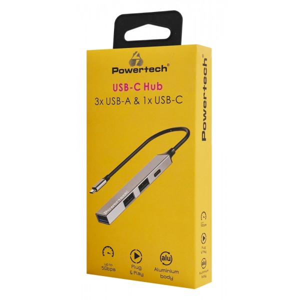 POWERTECH USB hub PT-1412, 4x θυρών, USB 3.2, 5Gbps, USB-C σύνδεση, γκρι - USB Hubs - Card Readers