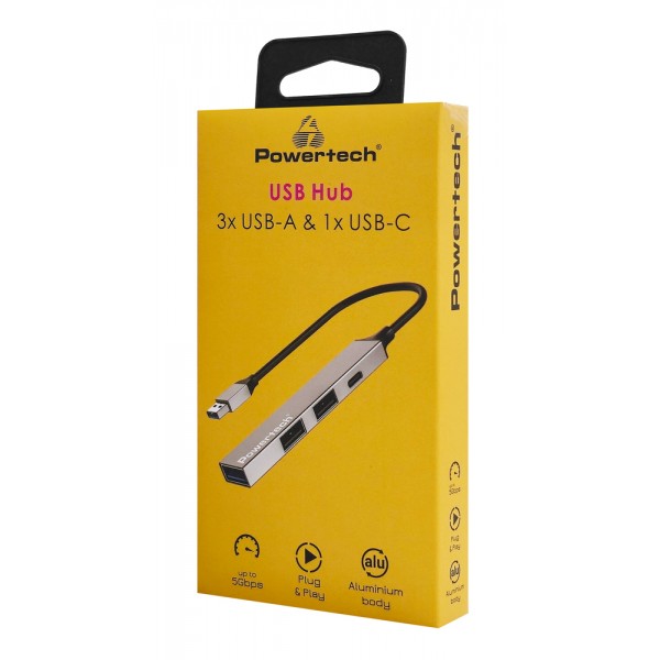 POWERTECH USB hub PT-1413, 4x θυρών, USB 3.2, 5Gbps, USB σύνδεση, γκρι - USB Hubs - Card Readers