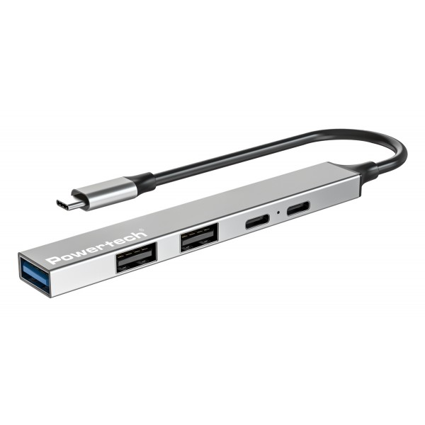POWERTECH USB hub PT-1414, 5x θυρών, USB 3.2, 5Gbps, 100W, USB-C σύνδεση, γκρι - USB Hubs - Card Readers