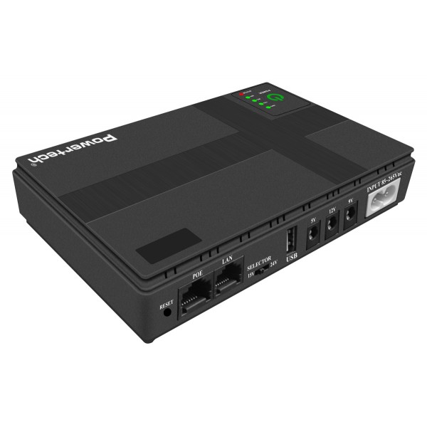 POWERTECH mini DC UPS PT-1434, 18W, 10400mAh, 3x DC, USB/LAN/POE, μαύρο
