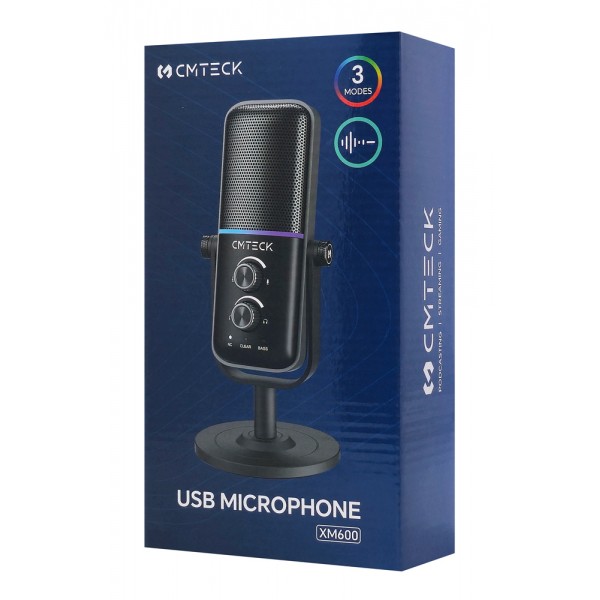 CMTECK επιτραπέζιο μικρόφωνο XM600, omnidirectional/καρδιοειδές, USB, RGB LED, μαύρο