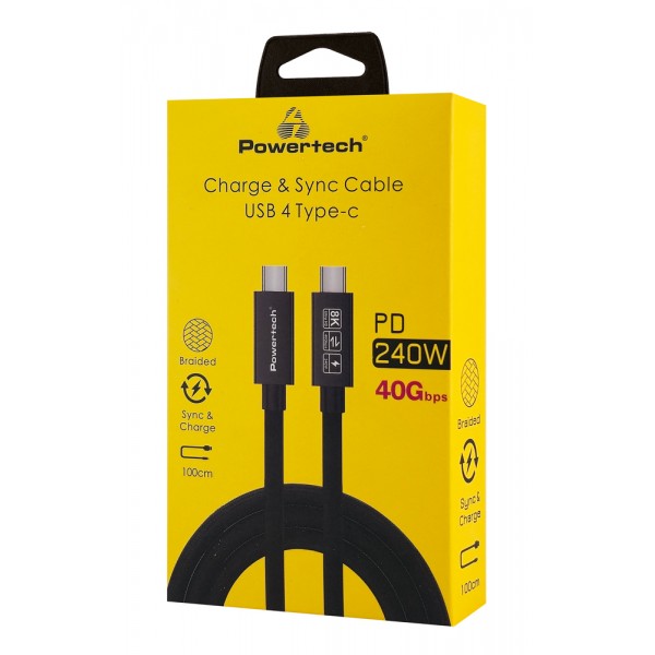 POWERTECH καλώδιο USB-C PTR-0165, USB4, 240W, 40Gbps, 8K/60Hz, 1m, μαύρο - USB-C (Type-C)