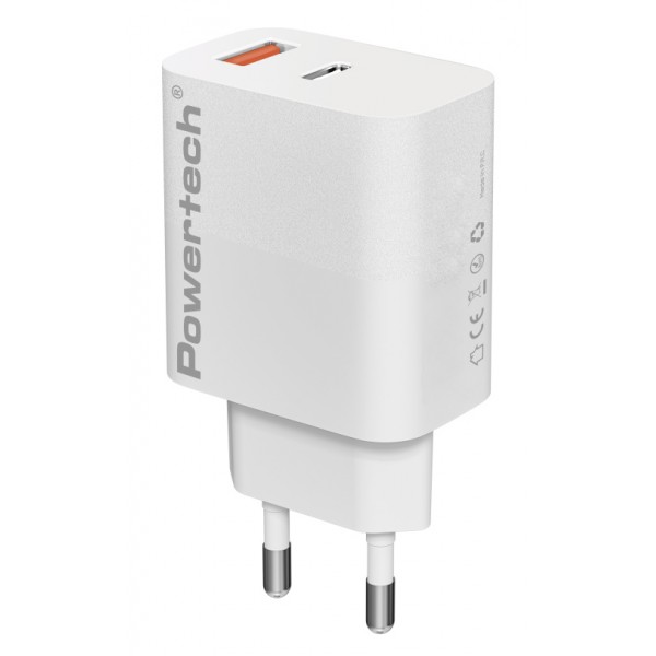 POWERTECH φορτιστής τοίχου PT-1433, USB/USB-C, 30W, GaN, λευκός - Mobile