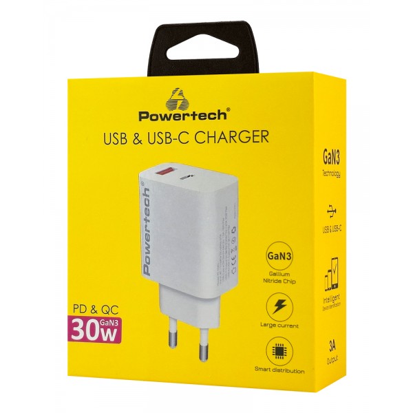 POWERTECH φορτιστής τοίχου PT-1433, USB/USB-C, 30W, GaN, λευκός - Mobile