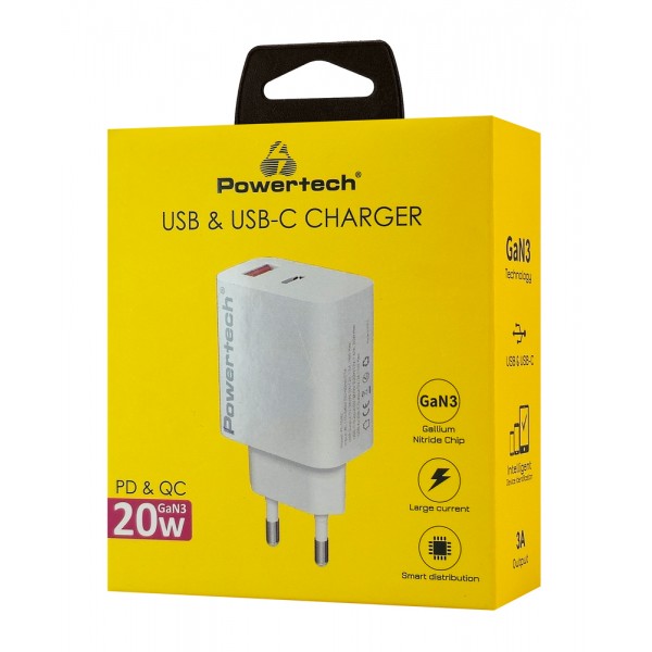 POWERTECH φορτιστής τοίχου PT-1437, USB/USB-C, 20W, GaN, λευκός - Mobile