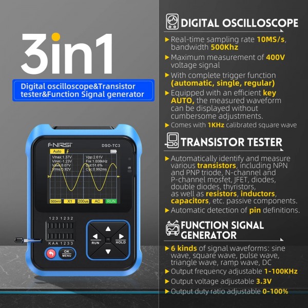 FNIRSI 3 σε 1 παλμογράφος/signal generator/transistor tester χειρός DSO-TC3, επαναφορτιζόμενο - Μηχανήματα - Πολύμετρα