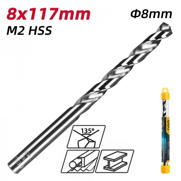 DELI τρυπάνι DL16080G για μέταλλο, M2 HSS, 8x117mm, κυλινδρικό - DELI