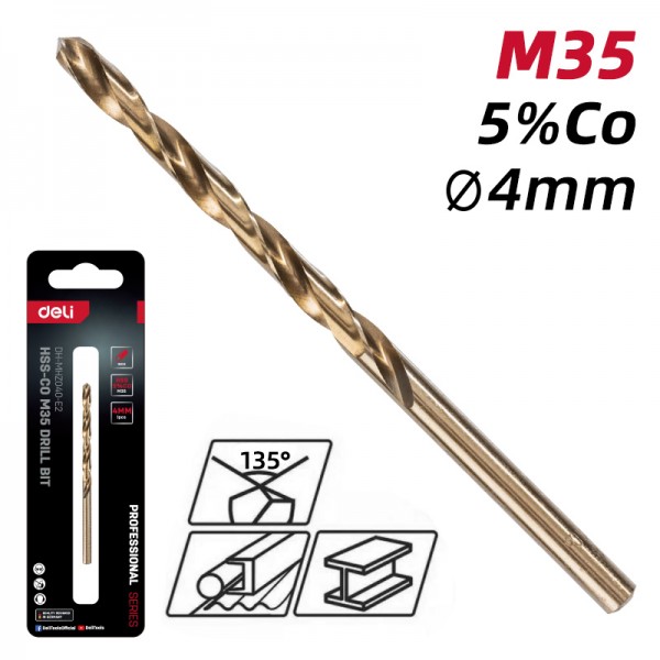 DELI τρυπάνι DH-MHZ040-E2 για μέταλλο, M35 HSS 5% κοβαλτίου, DIN 388, 4x75mm, κυλινδρικό - DELI