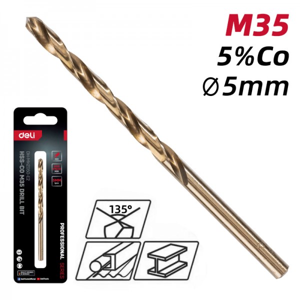 DELI τρυπάνι DH-MHZ050-E2 για μέταλλο, M35 HSS 5% κοβαλτίου, DIN 388, 5x86mm, κυλινδρικό - DELI