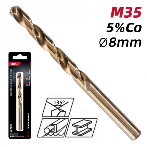 DELI τρυπάνι DH-MHZ080-E2 για μέταλλο, M35 HSS 5% κοβαλτίου, DIN 388, 8x117mm, κυλινδρικό - DELI