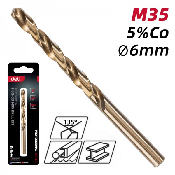 DELI τρυπάνι DH-MHZ060-E2 για μέταλλο, M35 HSS 5% κοβαλτίου, DIN 388, 6x93mm, κυλινδρικό - DELI