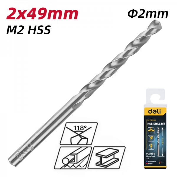 DELI σετ τρυπάνια DL16020G για μέταλλο, M2 HSS, 2x49mm, κυλινδρικό, 20τμχ - DELI