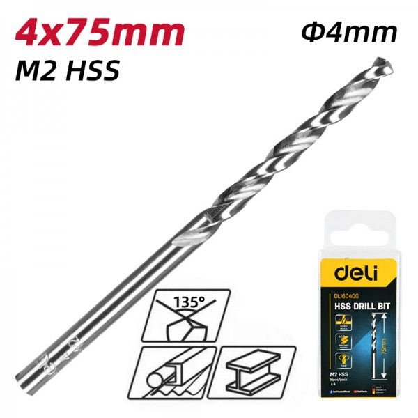 DELI σετ τρυπάνια DL16040G για μέταλλο, M2 HSS, 4x75mm, κυλινδρικό, 10τμχ - DELI