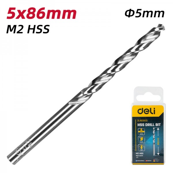 DELI σετ τρυπάνια DL16050G για μέταλλο, M2 HSS, 5x86mm, κυλινδρικό, 10τμχ - DELI