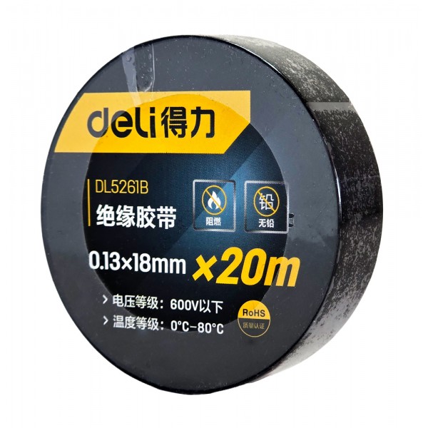 DELI μονωτική ταινία υψηλής αντοχής DL5261B, 18mm x 20m, μαύρη - Ηλεκτρολογικός εξοπλισμός