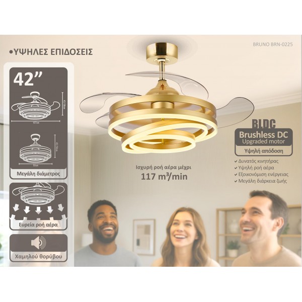 BRUNO BRN-0225 Ανεμιστήρας οροφής με LED φως, AC 122W, 42", O107x47εκ., χρυσός