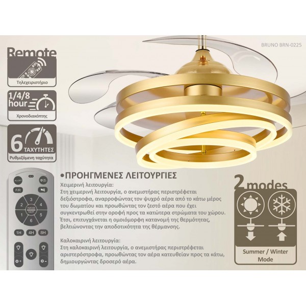 BRUNO BRN-0225 Ανεμιστήρας οροφής με LED φως, AC 122W, 42", O107x47εκ., χρυσός