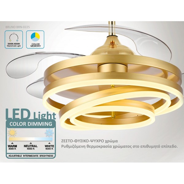 BRUNO BRN-0225 Ανεμιστήρας οροφής με LED φως, AC 122W, 42", O107x47εκ., χρυσός