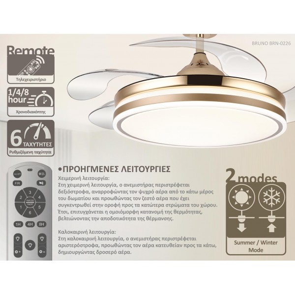 BRUNO BRN-0226 Ανεμιστήρας οροφής με LED φως, AC 82W, 42", O107x47εκ., χρυσός