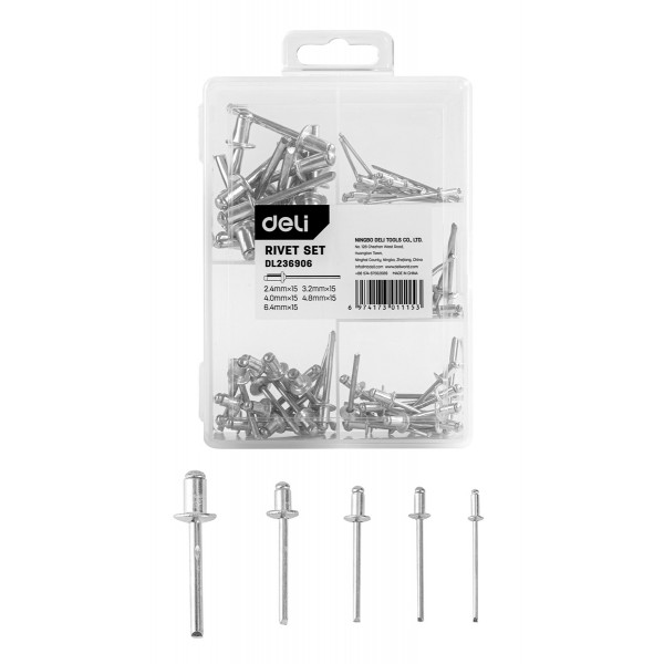 DELI σετ πριτσίνια DL236906, χάλυβας άνθρακα, 2.4-6.4mm, 75τμχ - Βοηθητικά Εργαλεία
