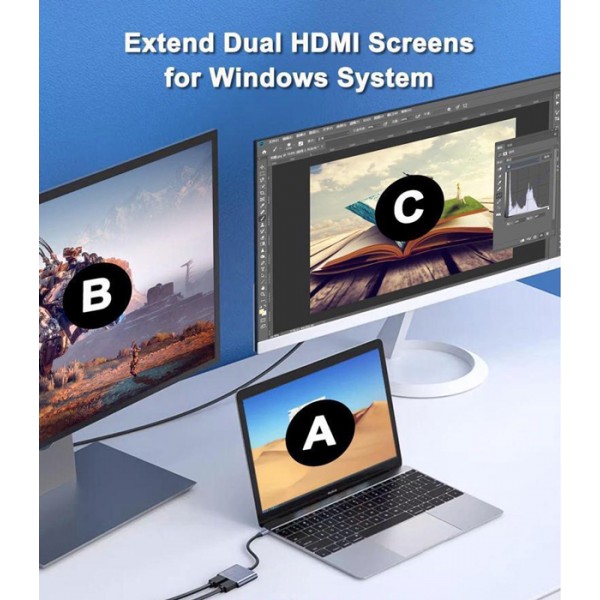 POWERTECH docking station CAB-UC083, 2 θυρών HDMI, USB-C, 4K, γκρι - Docking Station