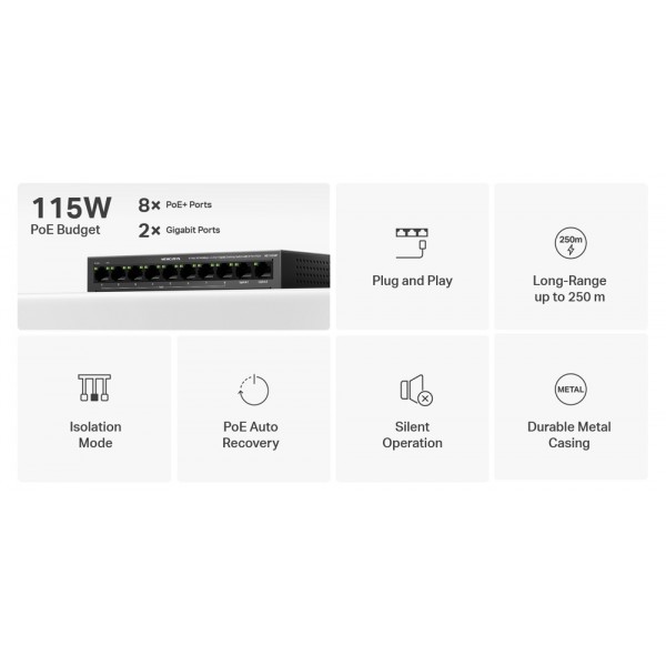 MERCUSYS Desktop Switch MS110CMP, 8x 10/100Mbps PoE+, 2x Gigabit, Ver. 1.0 - Switches