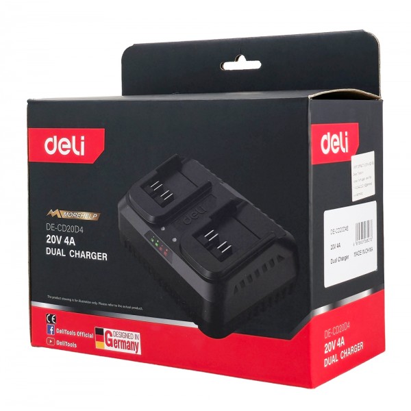 DELI φορτιστής μπαταριών εργαλείων μπαταρίας DE-CD20D4, 2 θέσεων, 20V 4A
