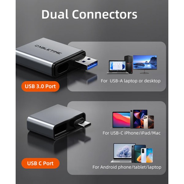 CABLETIME card reader CT-ACCD3-AG για SD & micro SD, USB 3.0, 5Gbps, γκρι - USB Hubs - Card Readers