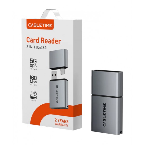 CABLETIME card reader CT-ACCD3-AG για SD & micro SD, USB 3.0, 5Gbps, γκρι