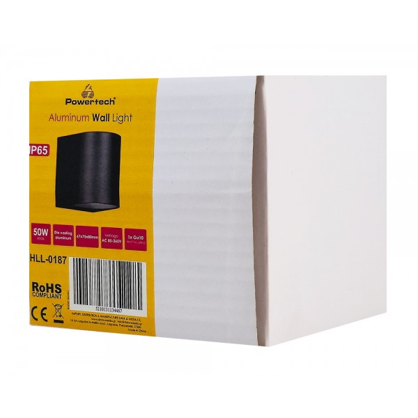 POWERTECH φωτιστικό τοίχου HLL-0187 για GU10 λάμπα, μεταλλικό, IP65, μαύρο