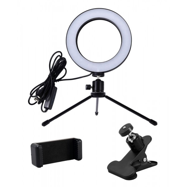 CABLETIME φωτιστικό δαχτυλίδι LED CT-LRL6-PB με μίνι τρίποδα & σφιγκτήρα, βάση smartphone, Φ16cm - Εξοπλισμός Φωτογράφισης