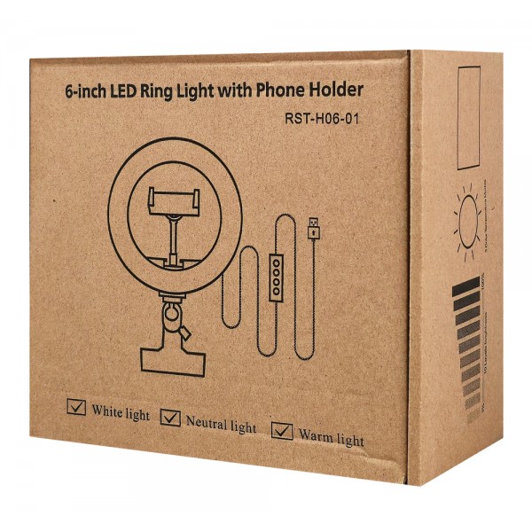 CABLETIME φωτιστικό δαχτυλίδι LED CT-LRL6-PB με μίνι τρίποδα & σφιγκτήρα, βάση smartphone, Φ16cm