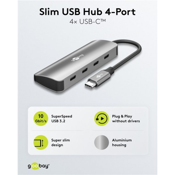 GOOBAY USB hub 76565, 4x θυρών, USB 3.2, 10Gbps, USB-C σύνδεση, γκρι - Περιφερειακά