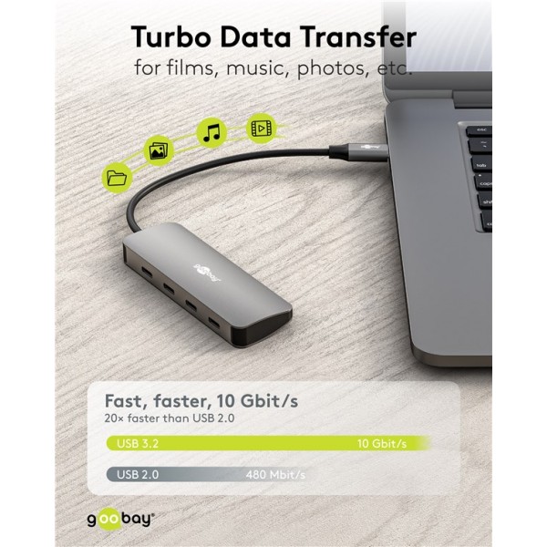GOOBAY USB hub 76565, 4x θυρών, USB 3.2, 10Gbps, USB-C σύνδεση, γκρι