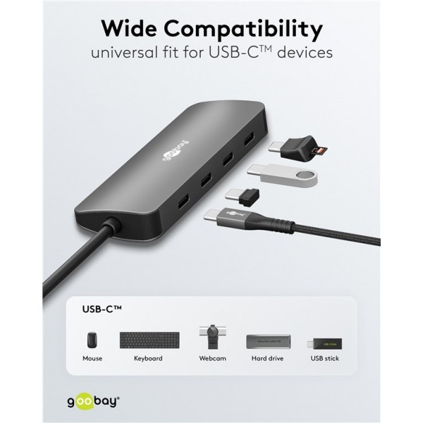 GOOBAY USB hub 76565, 4x θυρών, USB 3.2, 10Gbps, USB-C σύνδεση, γκρι