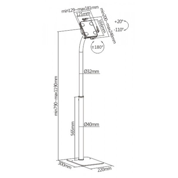 BRATECK βάση tablet δαπέδου PAD33-01, αντικλεπτική, 7.9-11", μαύρη