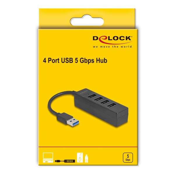 DELOCK USB hub 64350, 4x θυρών, USB 3.0, 5Gbps, USB σύνδεση, μαύρος - USB Hubs - Card Readers