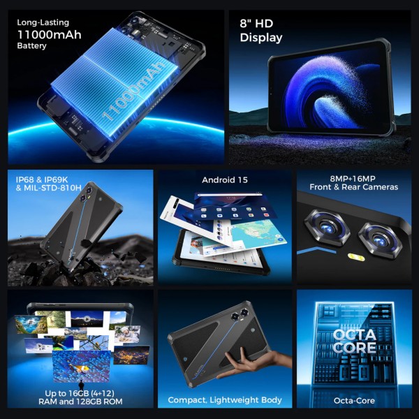 OUKITEL tablet RT3 Plus, 8", 4/128GB, 4G, 11000mAh, IP68/IP69K, μαύρο - Tablet - Parts