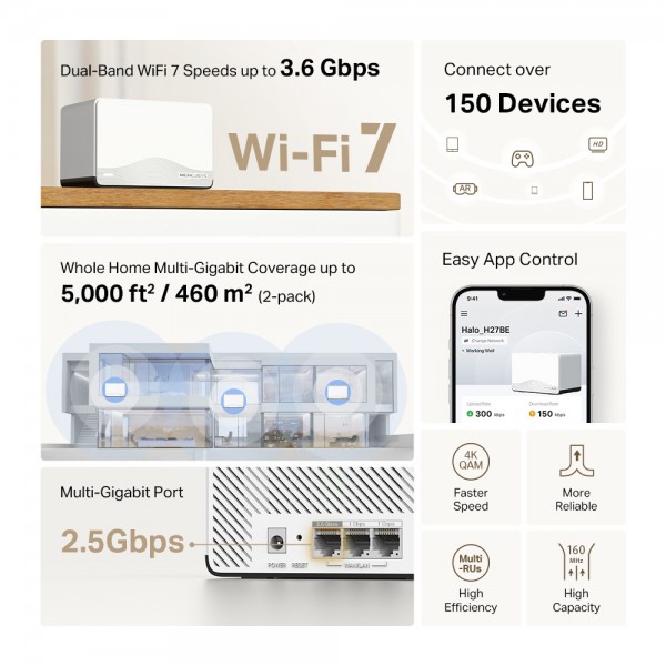 MERCUSYS Whole Home Mesh Wi-Fi 7 System Halo H27BE, 3.6Gbps Dual Band, 2τμχ, V.1.0 - MERCUSYS