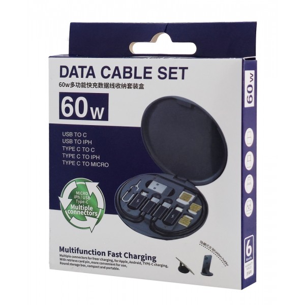 POWERTECH all in one κιτ φόρτισης με καλώδιο & αντάπτορες CAB-U161, 60W, 30cm, μαύρο