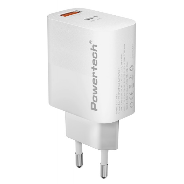 POWERTECH φορτιστής τοίχου PT-1493, USB/USB-C, 20W, λευκός - Mobile