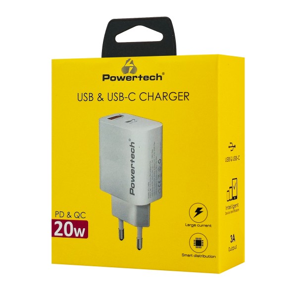 POWERTECH φορτιστής τοίχου PT-1493, USB/USB-C, 20W, λευκός - Mobile