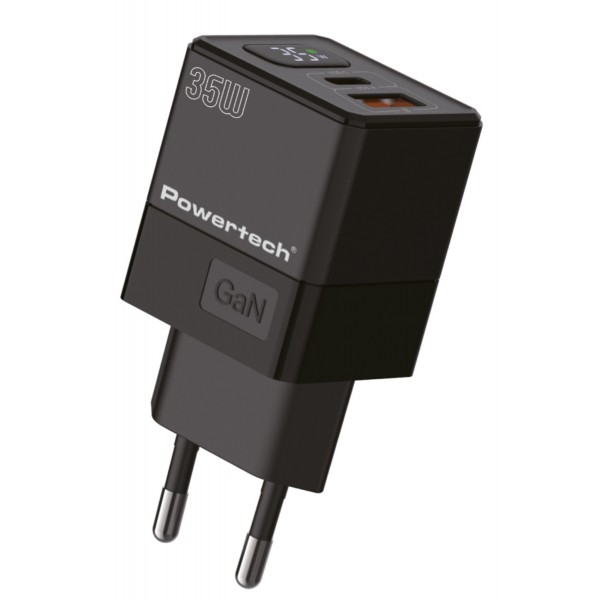 POWERTECH φορτιστής τοίχου PT-1499 με οθόνη, USB/USB-C, 35W, GaN, μαύρος - Mobile