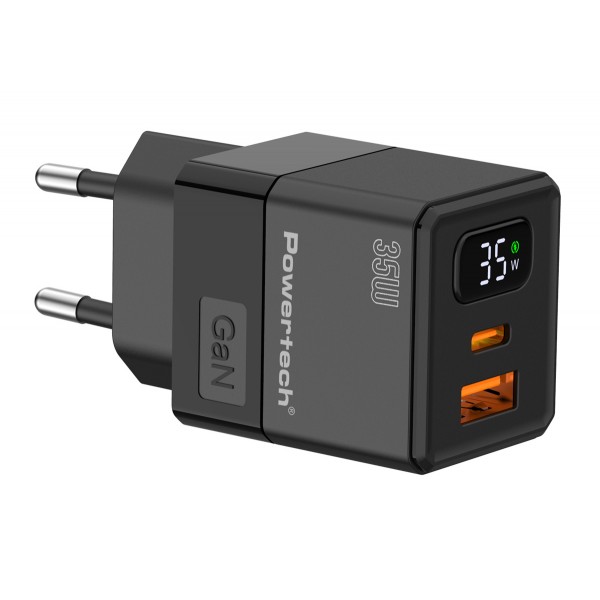 POWERTECH φορτιστής τοίχου PT-1499 με οθόνη, USB/USB-C, 35W, GaN, μαύρος - Mobile