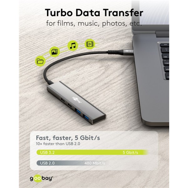 GOOBAY USB hub 76563, 4x θυρών, USB 3.2, 5Gbps, USB-C σύνδεση, γκρι - Συνοδευτικά PC
