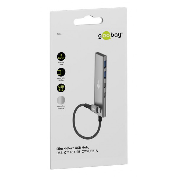 GOOBAY USB hub 76563, 4x θυρών, USB 3.2, 5Gbps, USB-C σύνδεση, γκρι