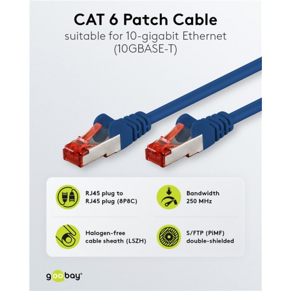 GOOBAY καλώδιο δικτύου 92452, CAT 6 S/FTP, copper, 250MHz, 0.15m, μπλε - GOOBAY