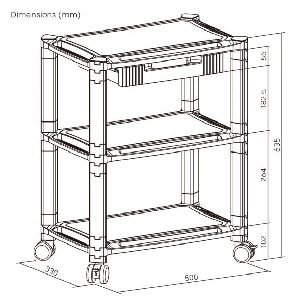 BRATECK ραφιέρα δαπέδου AMS-5L με ροδάκια, 3 ράφια, 50x33x63.5cm, έως 10kg, μαύρη