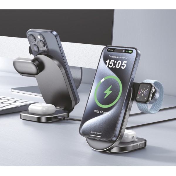 POWERTECH ασύρματος φορτιστής PT-1491, 3 σε 1, Qi2, 15W, μαύρος - Φορτιστές Κινητών