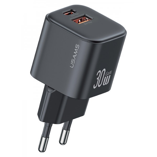 USAMS φορτιστής τοίχου CC263, USB & USB-C, 30W, GaN, μαύρος - Φορτιστές Κινητών